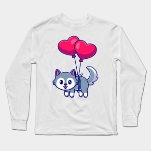 Cute Husky Dog Floating With Heart Balloons Long Sleeve T-Shirt